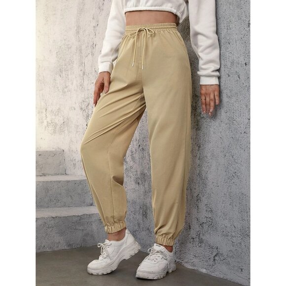 SHEIN EZwear Drawstring Waist Jogger Pants in Khaki‎ Size US 4 - Picture 1 of 8